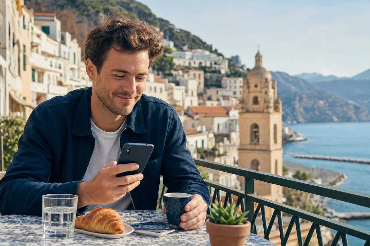 Traveler photographing a city with a smartphone